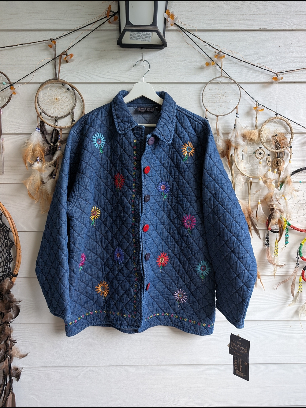 Vintage New Directions Quilted Denim Jacket Colorful Floral Embroidery